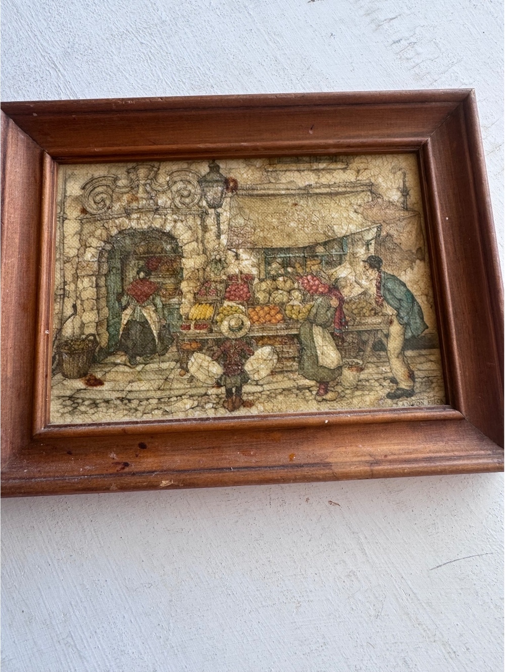 Vintage Anton Pieck European Market Scene Framed Art Print 5x7 Grumbacher